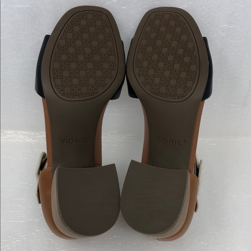 NEW Vionic Heels Chardonnay Tan Black Cream Leather Block Heel Adjustable Strap - Picture 8 of 13